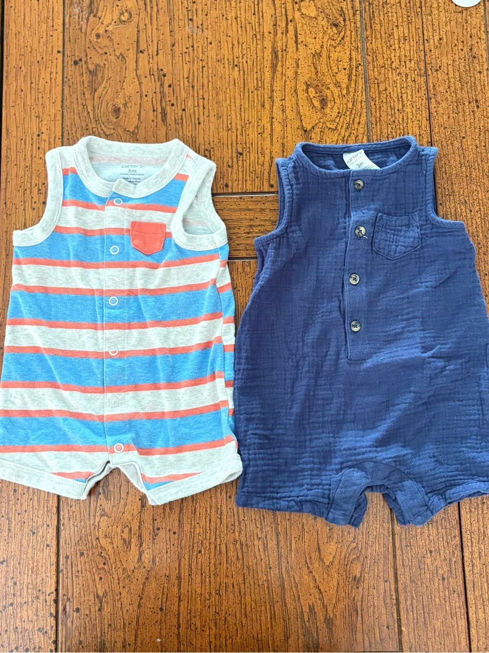 Carter's Baby Rompers, Set of 2, Navy Blue & Striped Orange/Blue/Gray, 3 month